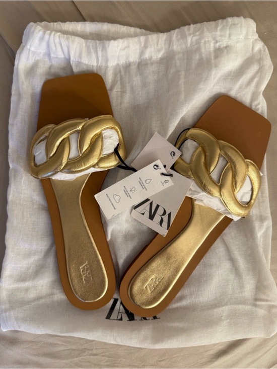 Zara Shoes - Zara Metallic Gold Braided-Chain Slide Sandals